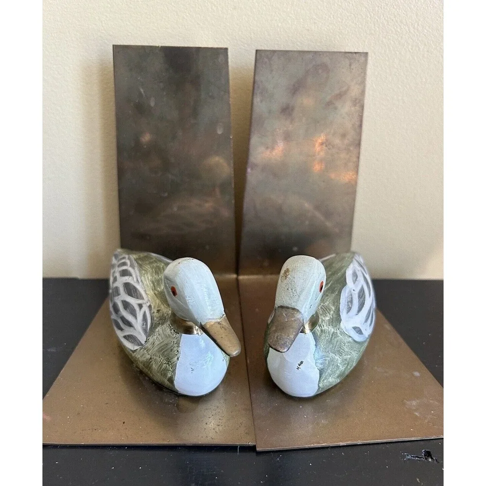 Vintage Hand Painted Enameled Brass Duck‎ Decoy Bookends